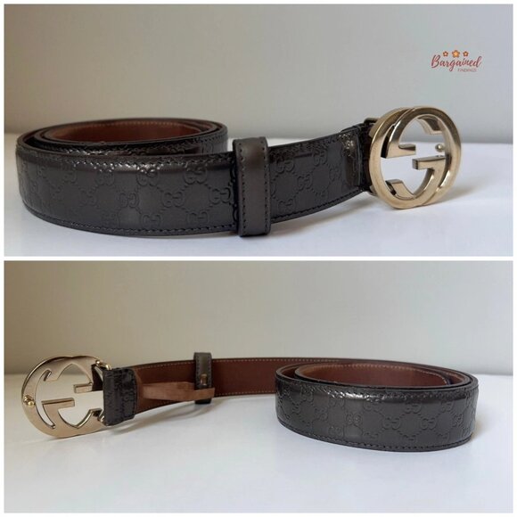 Authentic Gucci Gray Metallic Guccissima Leather Gold GG Buckle Belt 80/32 - Picture 11 of 13